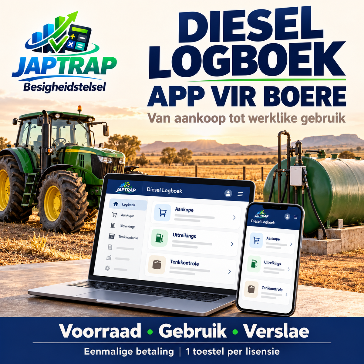 JAPTRAP Diesel Logboek App vir Boere – dieselvoorraad, gebruik en verslae op ’n selfoon of rekenaar.