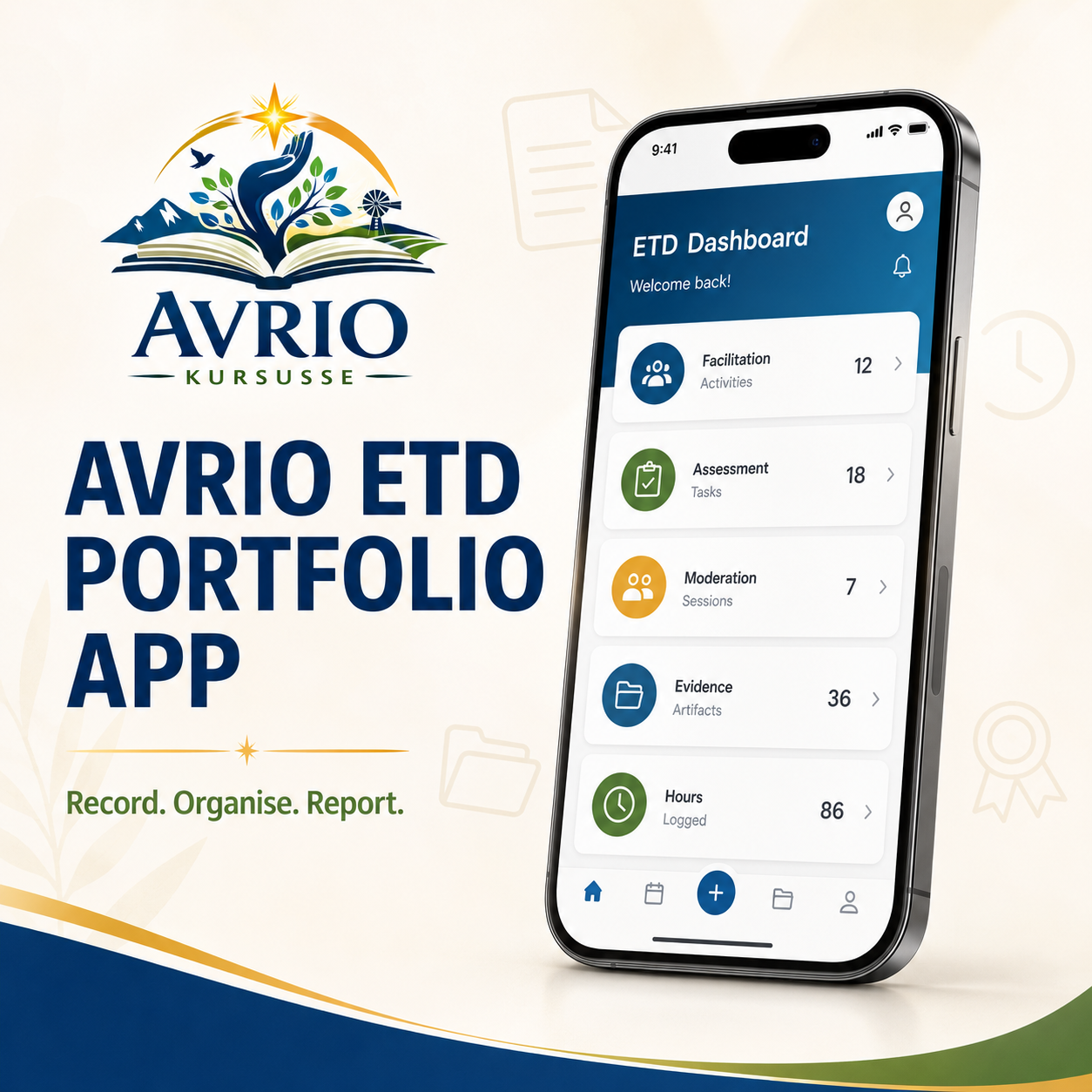 Avrio ETD Portfolio App product image showing the ETD activity dashboard for facilitators, assessors and moderators.