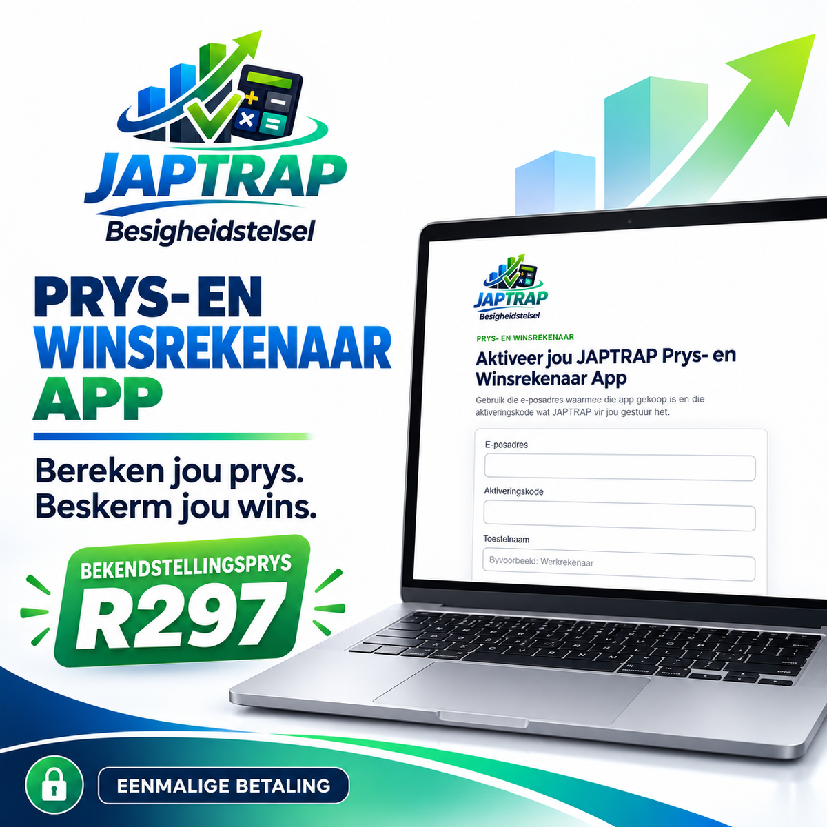 JAPTRAP Prys- en Winsrekenaar App op ’n skootrekenaar met bekendstellingsprys van R297